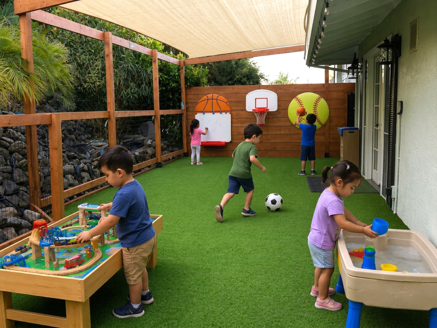 Children playing in a shaded outdoor yard